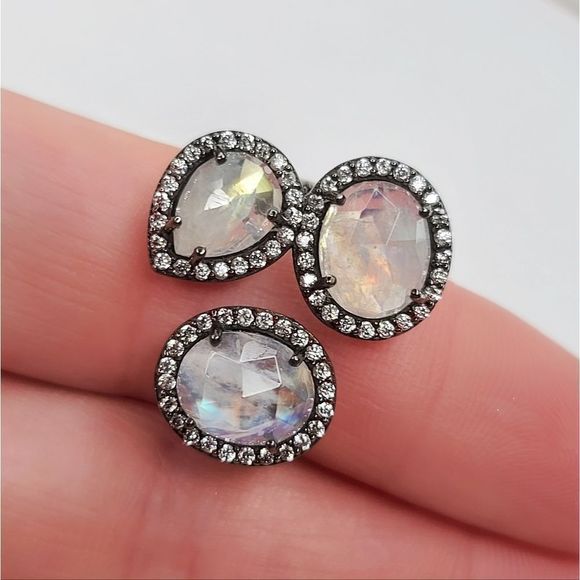 Triple Moonstone with Simulated Diamond Pave Bezel Adjustable Ring | 7½-11 - Picture 9 of 11